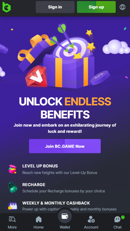 BC.Game bonuses on mobile app