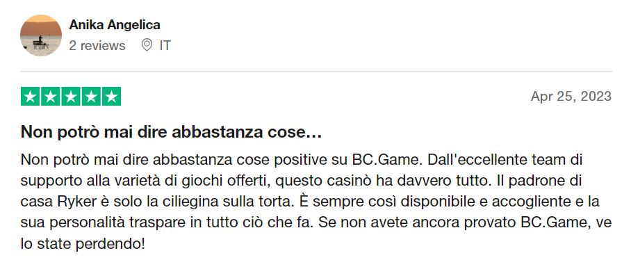 Positive feedback about BC.Game from an Italian user
